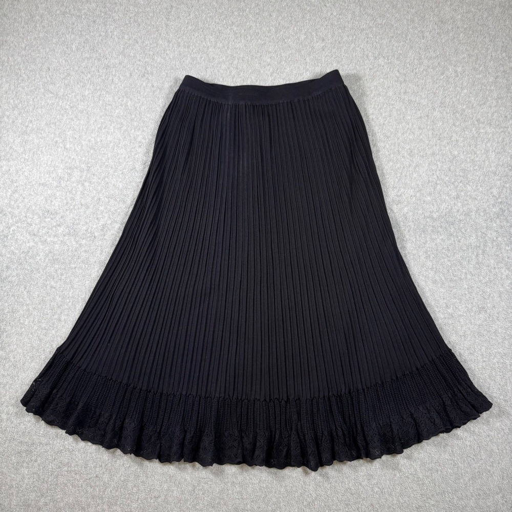 Yezi Skirt Women Black Pleated Knit Crochet Hem Midi A-Line Elastic Waist 66